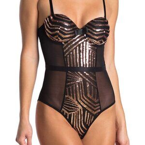 Secret Lace Sequin Panel Bodysuit Black Gold Night Luxe Size 3X